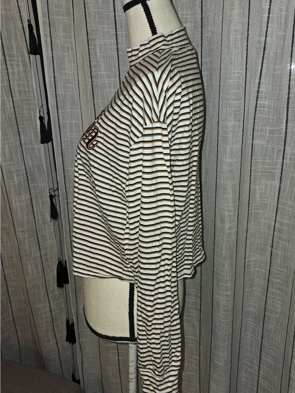Hollister Cream & Brown Striped Mock-Neck Crop Top with Maroon Logo